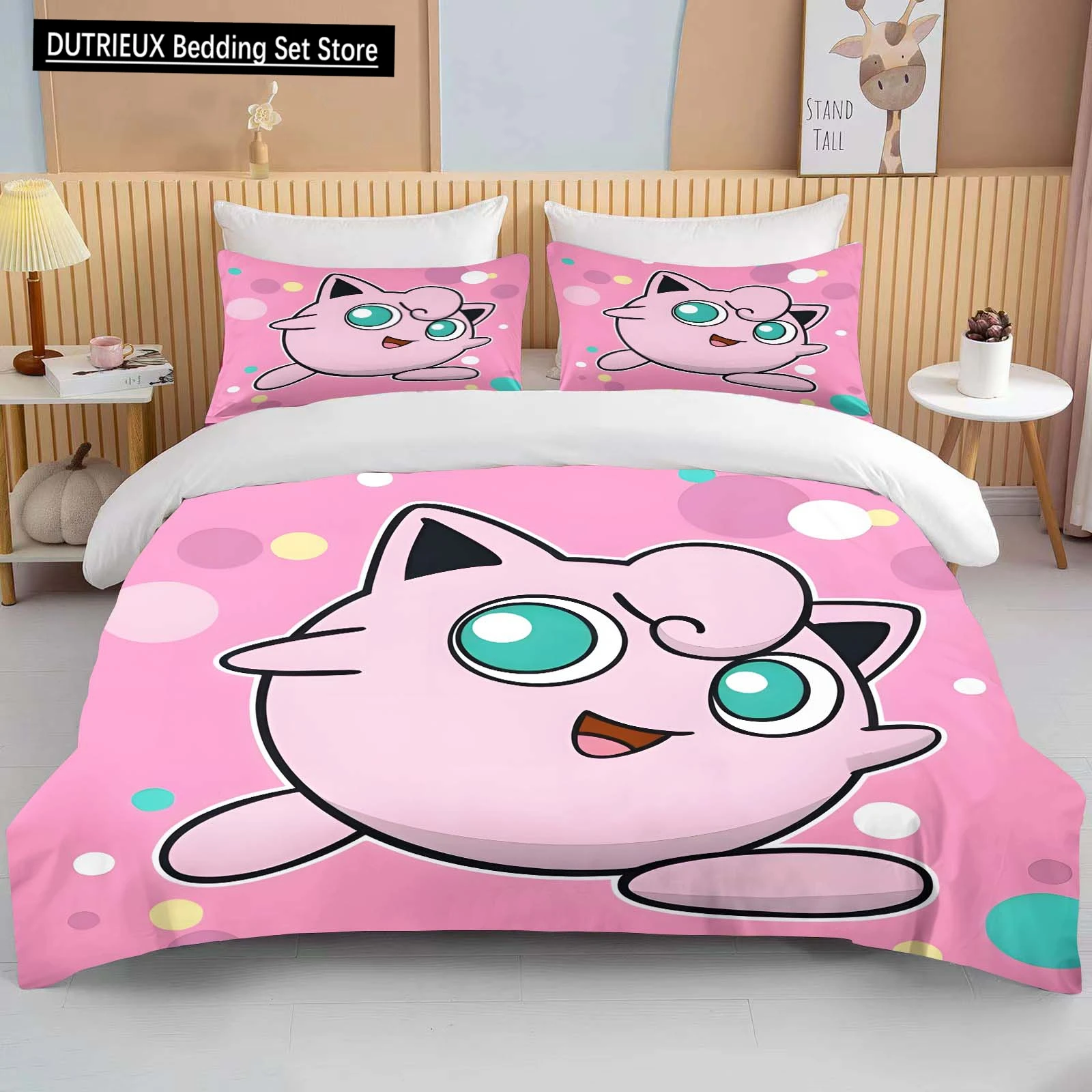 10 Sizes Pokemon Jigglypuff Print Pink Bedding Set Duvet Cover 1 Duvet Cover 2 Pillowcases Adult and Children Bedding Set Luxury