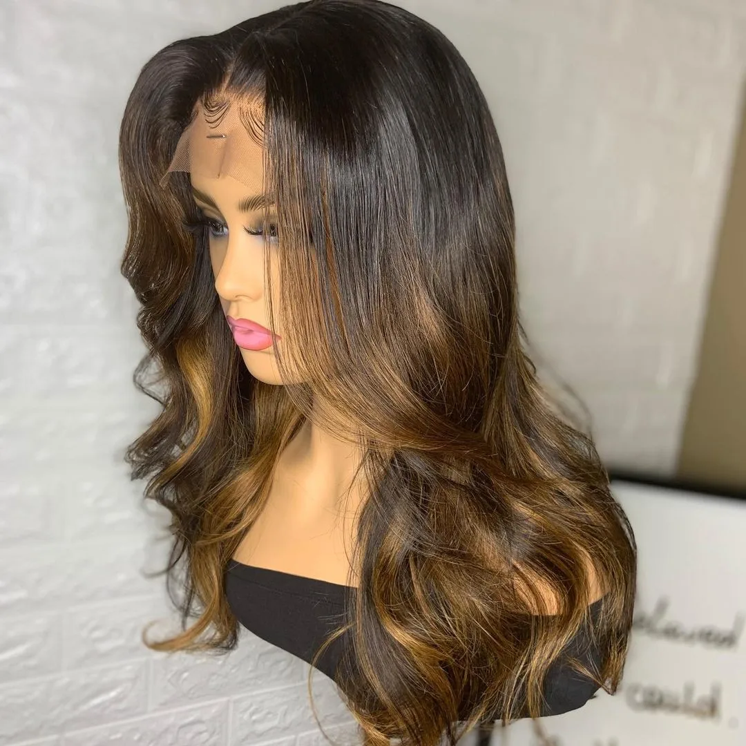 

2026 Natural Wave Wig Brown Mixed Blonde Highlights Lace Front Wig Glueless Easy to Wear high quality synthetic Fibre Women wigs