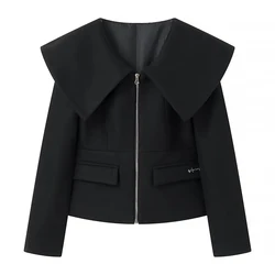 2024 Women's Fashion New Style Unique and Elegant Large Flip Collar Zipper V-neck Slim Fit Short Coat