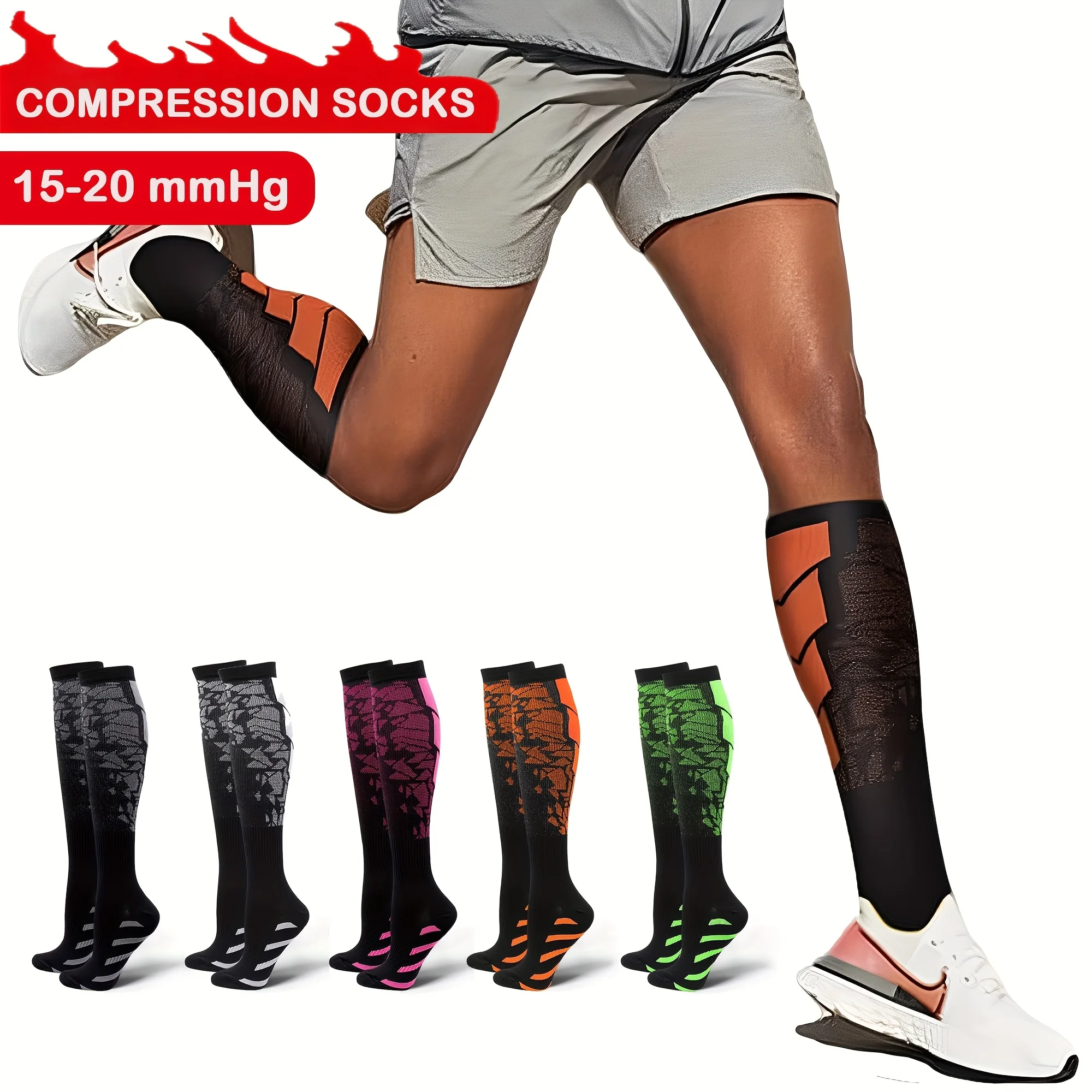 1 Paar Sport-Kompressionssocken für Männer und Frauen, unterstützende Sportsocken mit Farbverlauf-Design, bequeme kniehohe Strümpfe