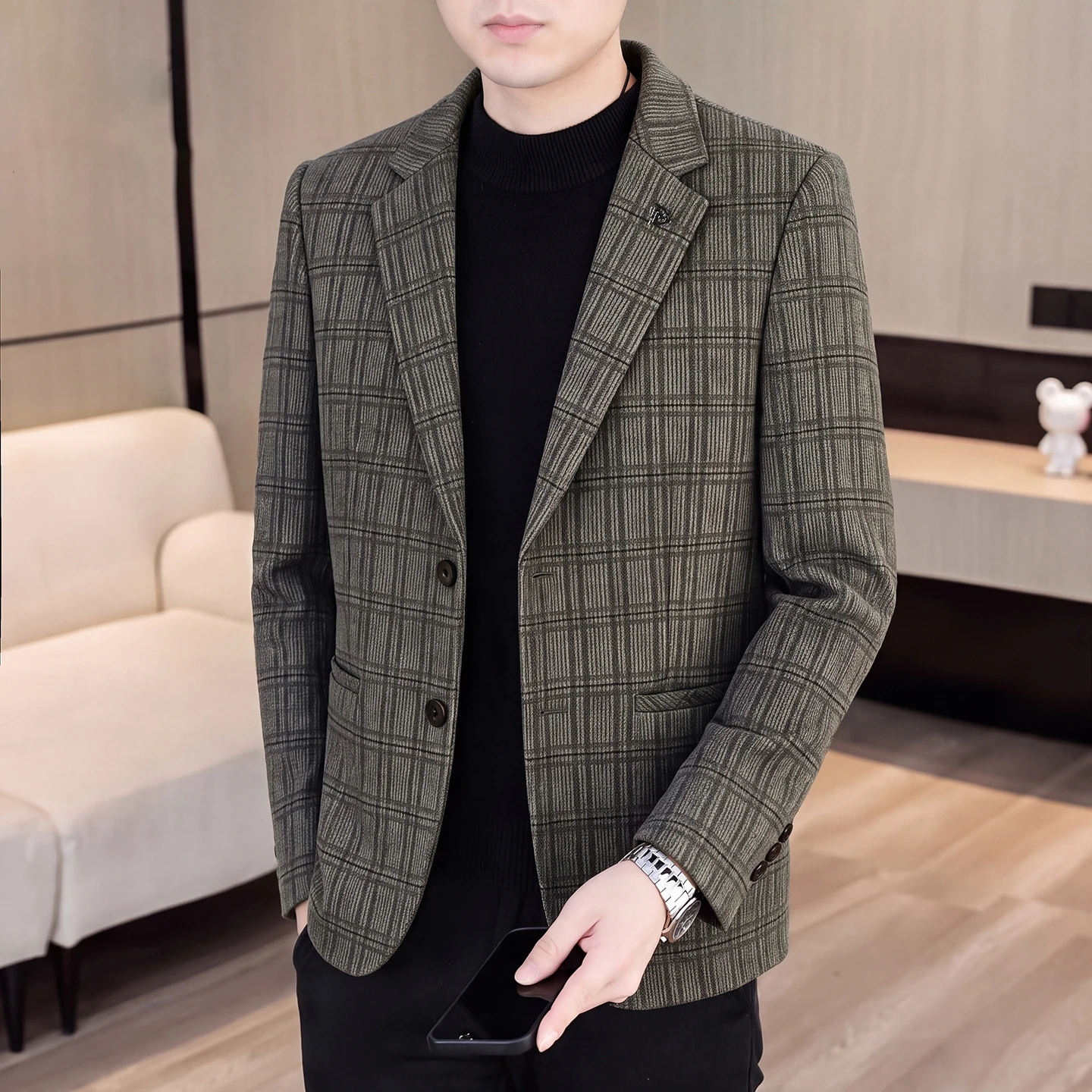 Men's Plaid Suiting Jacket Autumn Winter New Design Business Casual All-Match Outerwear Trendy Men's Clothing