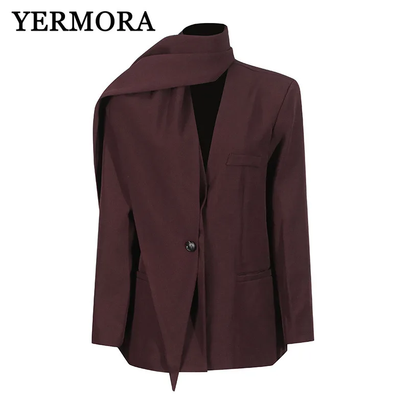 YERMORA Red Scarf Collar Buckle Casual Blazer For Long Sleeve Fashion Tide Loose Fit Jacket Spring Autumn 2025 New A215