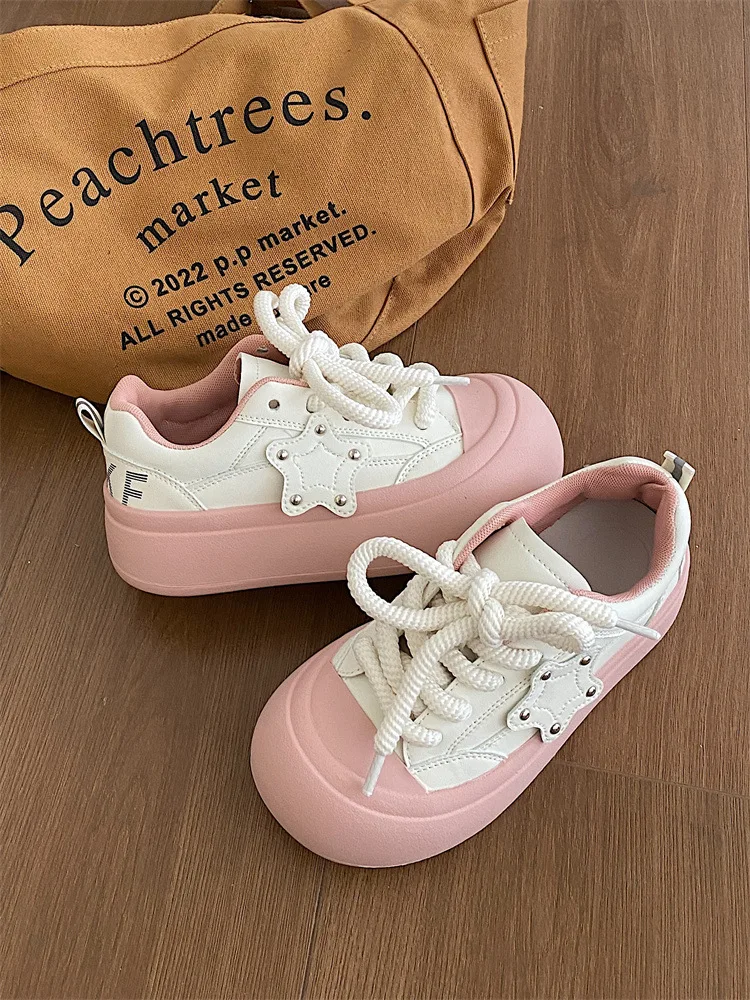 Lightweight Lace Up Thick Sole Lolita Shoes Spring Women's 2024 New Popular Low Top Sports Board Shoes