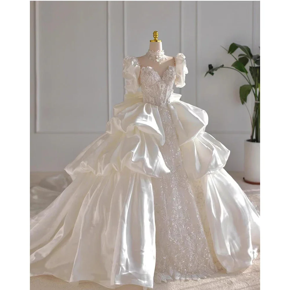 

Elegant Women Wedding Dresses Chic Sweetheart Puff Sleeves Sequined Ball Gowns Bow Ribbon Cathedral Train Bridal Dresses