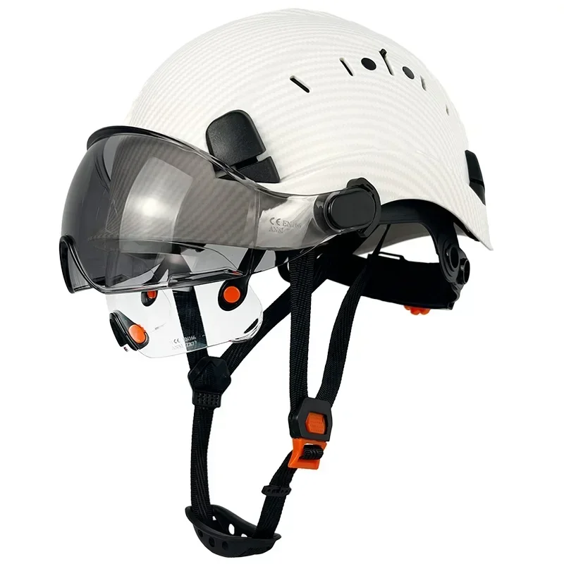 CE Carbon Fiber Pattern Construction Safety Helmet With Build In Visor Goggles For Engineer ANSI Hard Hat Industrial