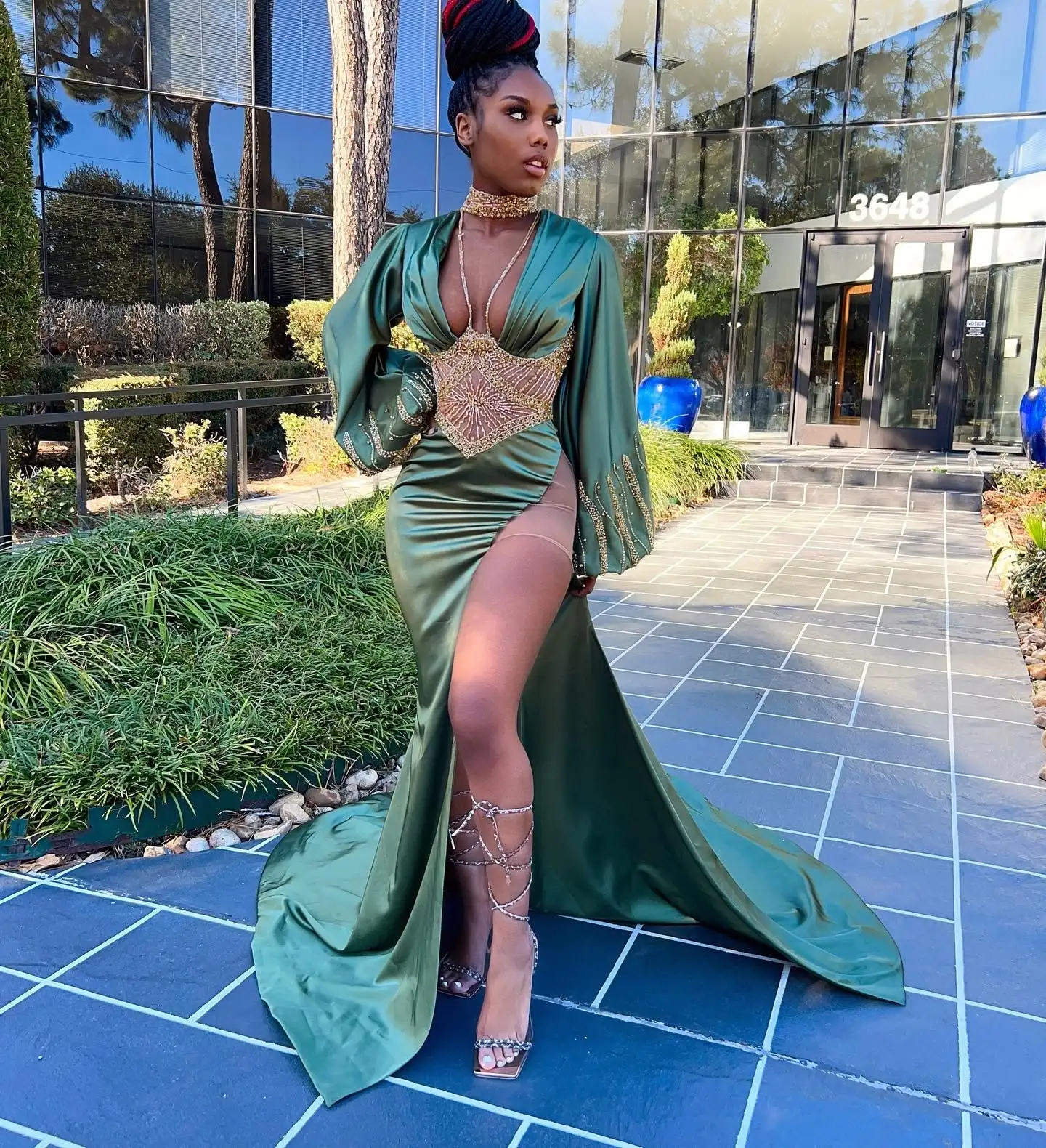Custom Series Mermaid-Style Long-Sleeve Evening Gown for Girls with Beaded Embellishments and Side Slits - Party Dress