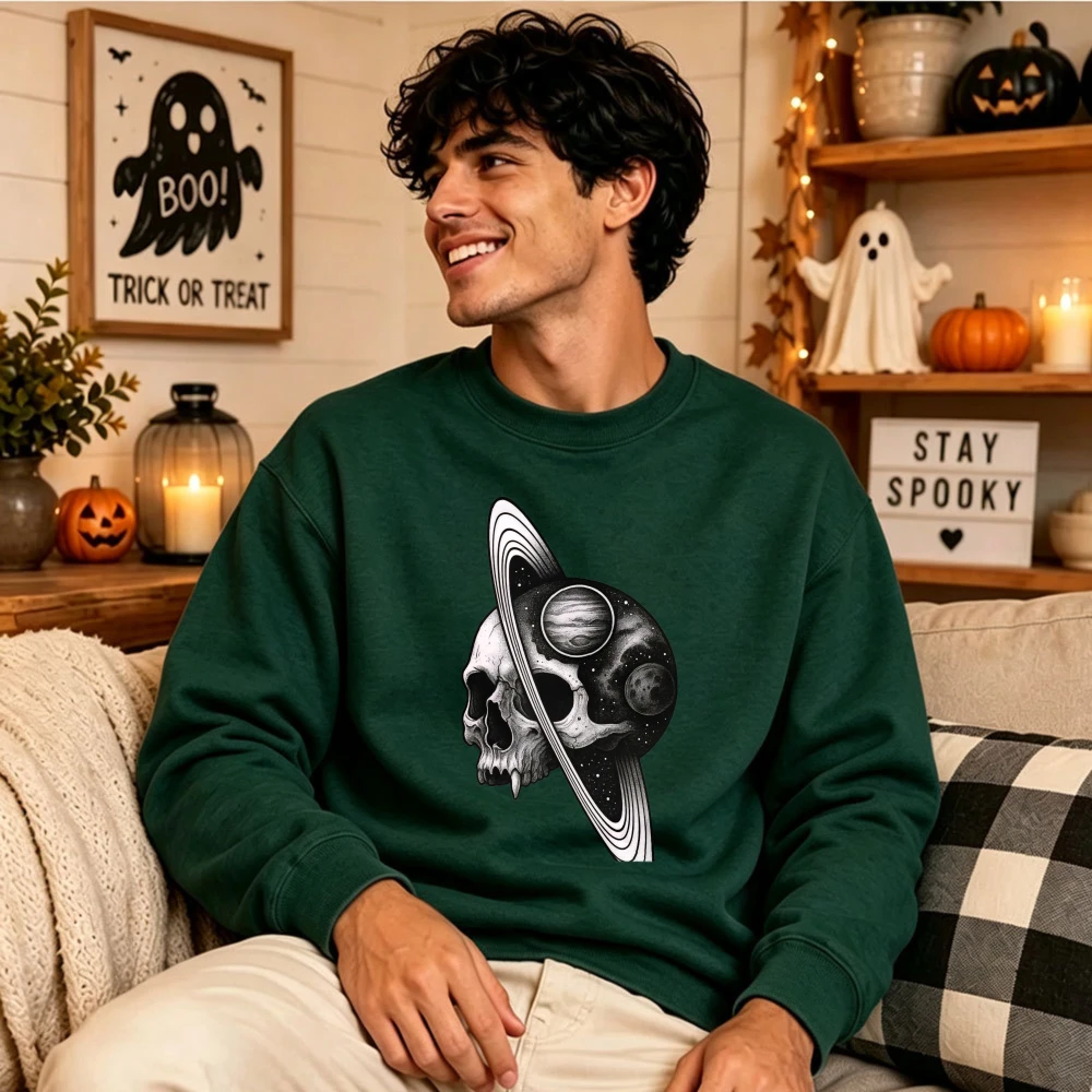 Space Skull Saturn Planet Galaxy Graphic Crewneck Sweatshirt Dark Cosmic Universe Astronomy Art Print Gothic Casual Pullover Top