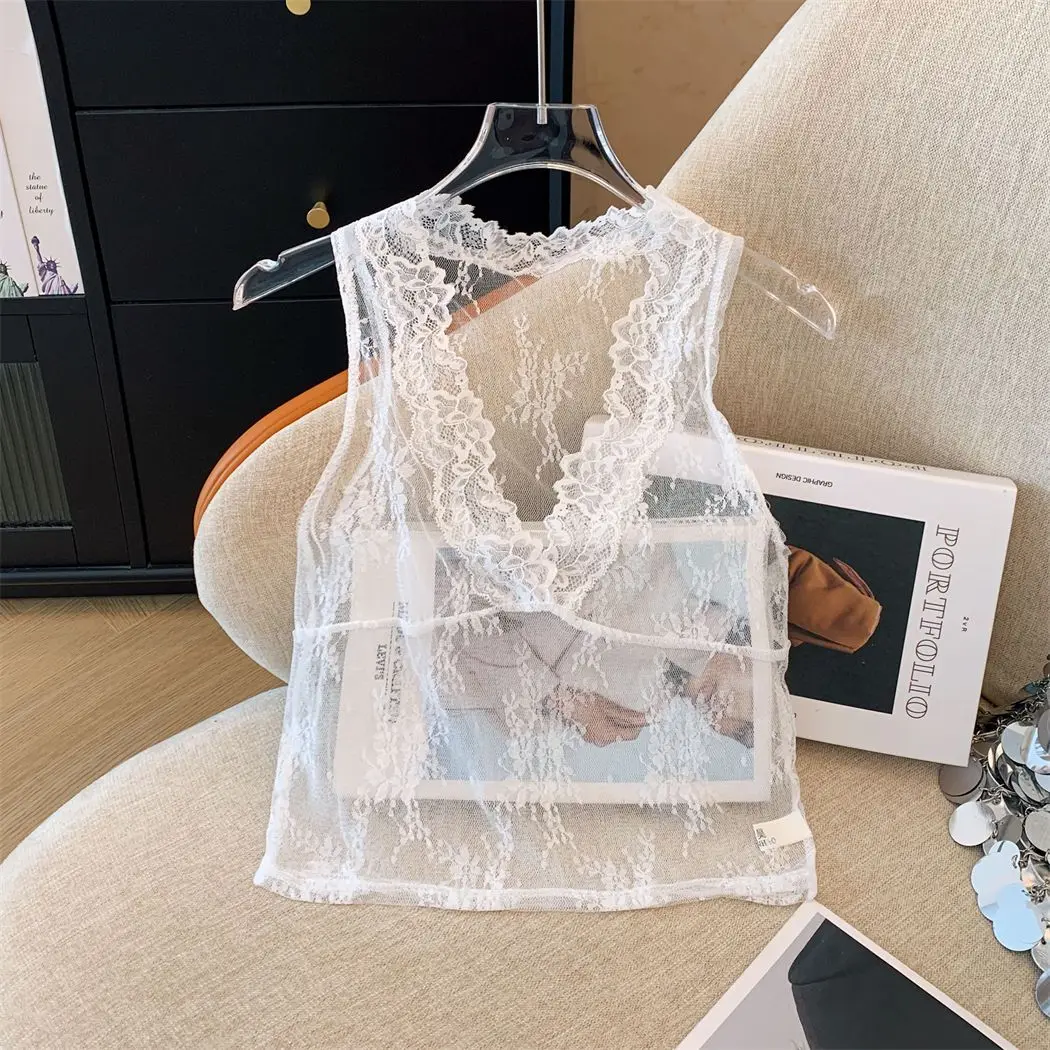 

Women's New Lace Sexy Short Top V-neck Hollow Out Fashion Vest Summer Sleeveless Loose Elegant Clut T-shirt Tanks