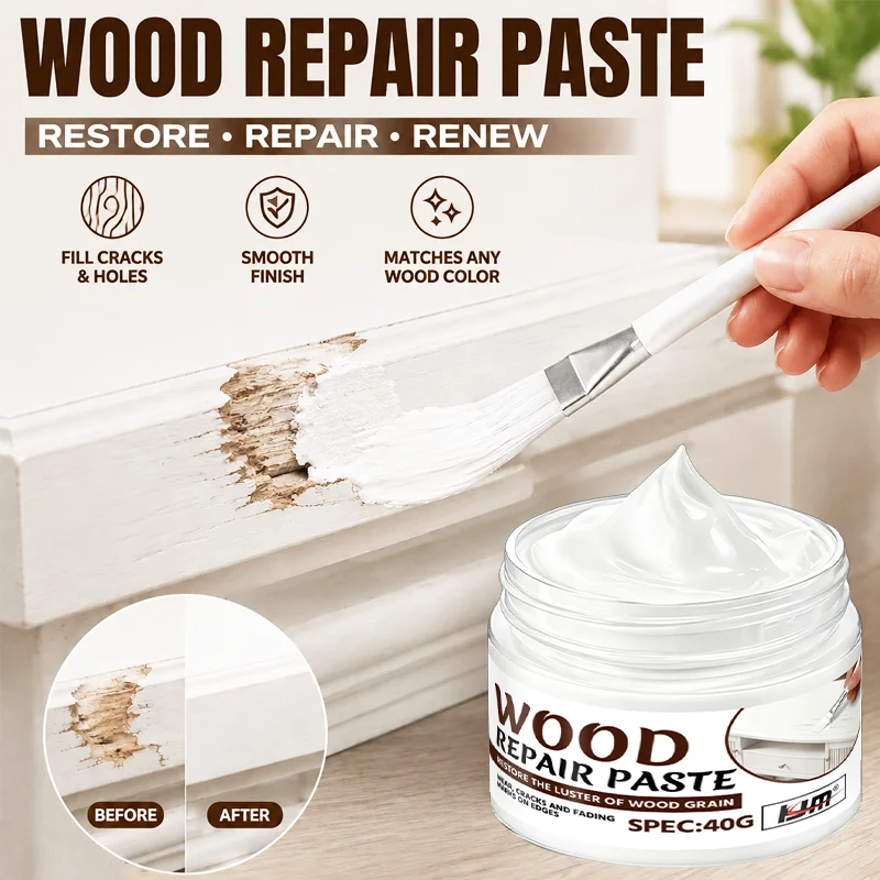 Pasta reparadora de madera blanca KJM, relleno para arañazos, grietas y desportilladuras en muebles, masilla de secado rápido para reparar puertas, gabinetes, mesas y pisos.