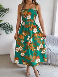 Spring Summer Floral Print Lace Up Sleeveless Vacation Dresses for Women 2026 Fashion Square Neck Waist Cinching Maxi Dresses