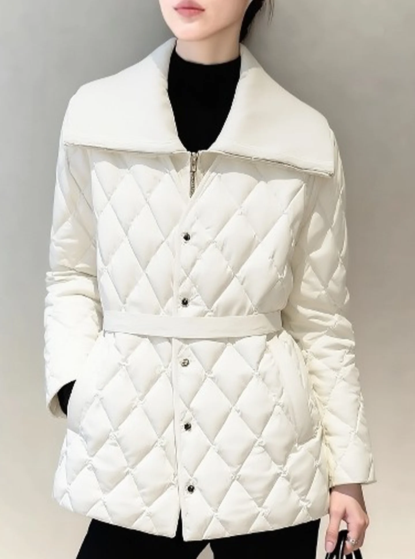 Sli White Diamond Pattern ort Women's down Jaet 2025 New Winter Thi Outerwear Ele Sle Regular Fit Long Sve