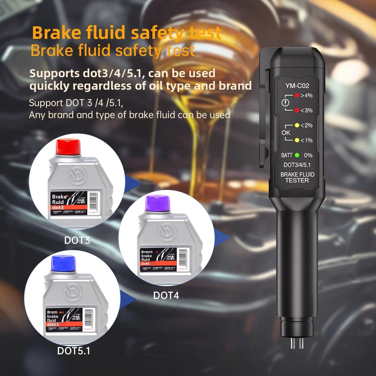 Professional Auto Brake Fluid Tester Pen DOT3/4/5 Digital Brake Oil Quality Check Tool with 5 LED Indicators for Car Motorcycle