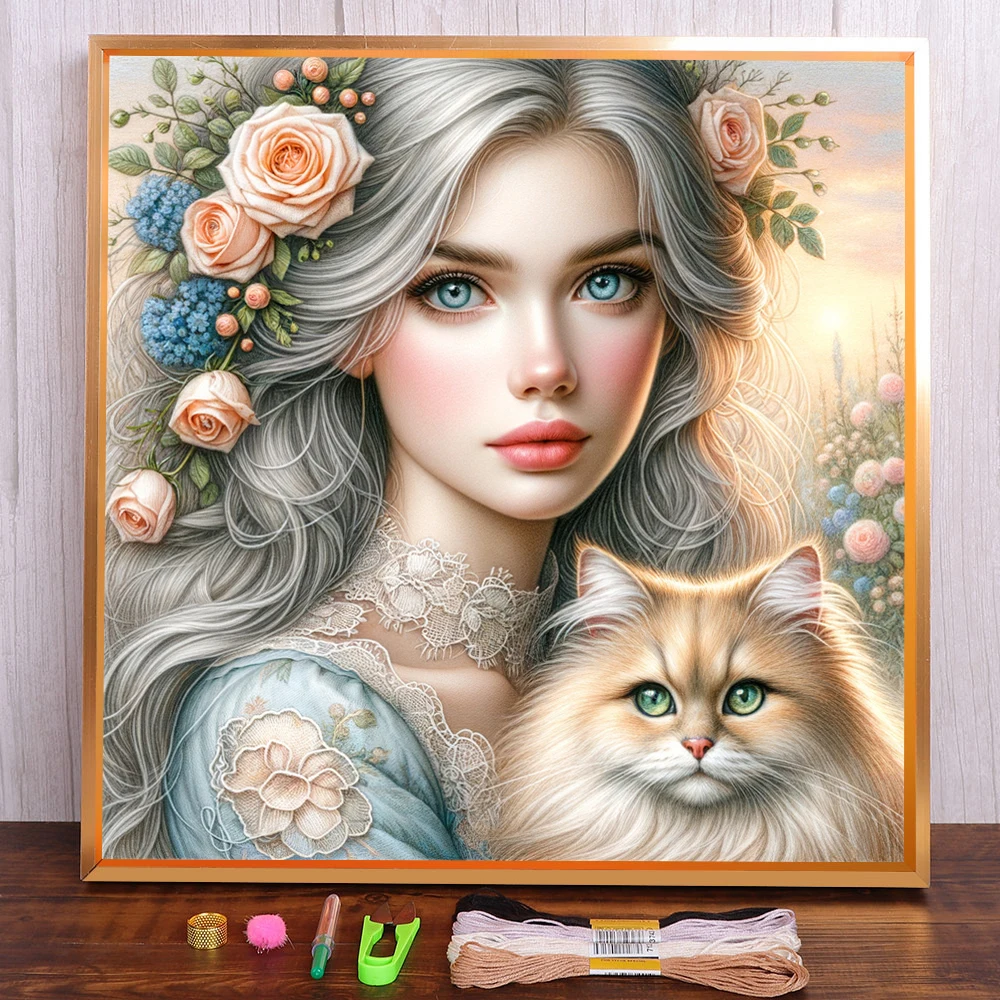 Cat Girl Printed Water-Soluble Canvas Cross-Stitch Embroidery Patterns Handiwork Knitting Handmade Handicraft Mulina Sales Magic