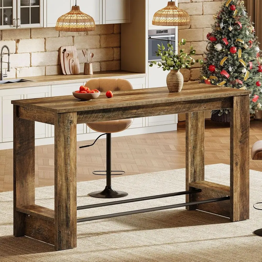 63-inch High Top Bar Table with Metal Footrests, Suitable for Home, Dining, Bistro, or Restaurant, Brown