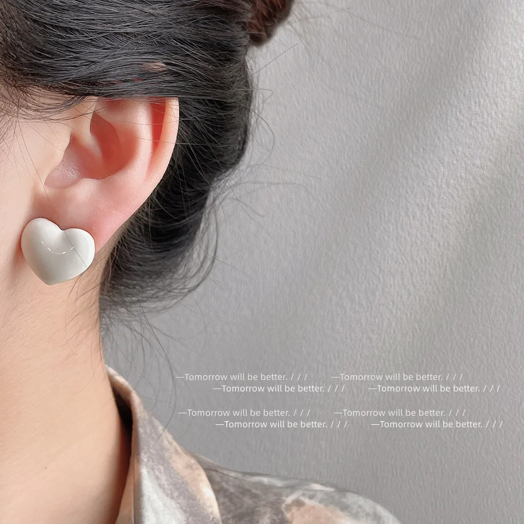 Sweet heart White Stud Earrings, Versatile, Korean and Japanese Style with High Quality, Heart Fairy Ear Jewelry for Women