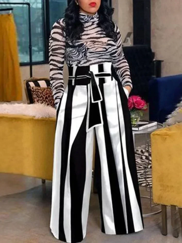 Lemongor Fashion Black White Striped Wide Leg Pants Women 2024 New Autumn  Lace-up High Waisted Loose Casual Commute Trousers