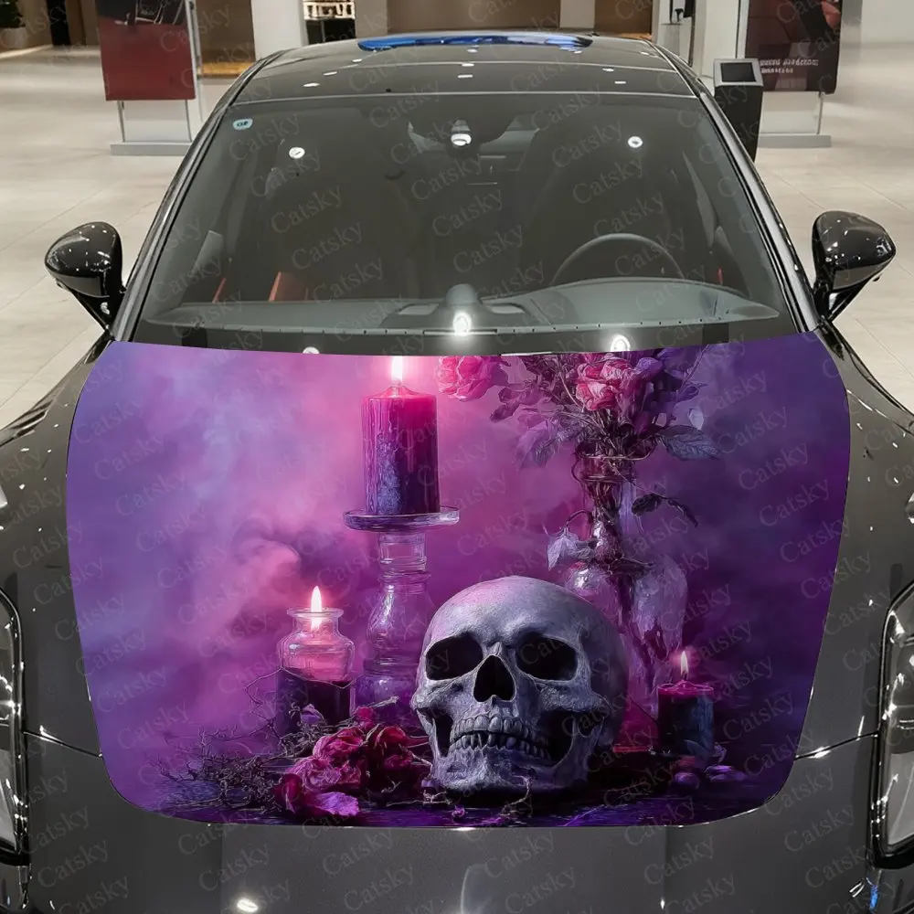 Purple Flame Skull Car Hood Decorative Stickers. It Enhances The Aesthetic Of The Vehicle And Can Be Easily Applied To Metal Sur
