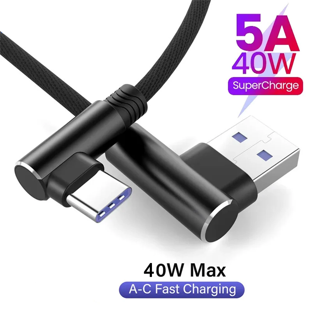 40W 5A USB to USB-C Cable 90° Elbow Fast Charging Braided Cable Quick Charge Data Wire For Xiaomi Redmi Samsung Huawei 1M Cable