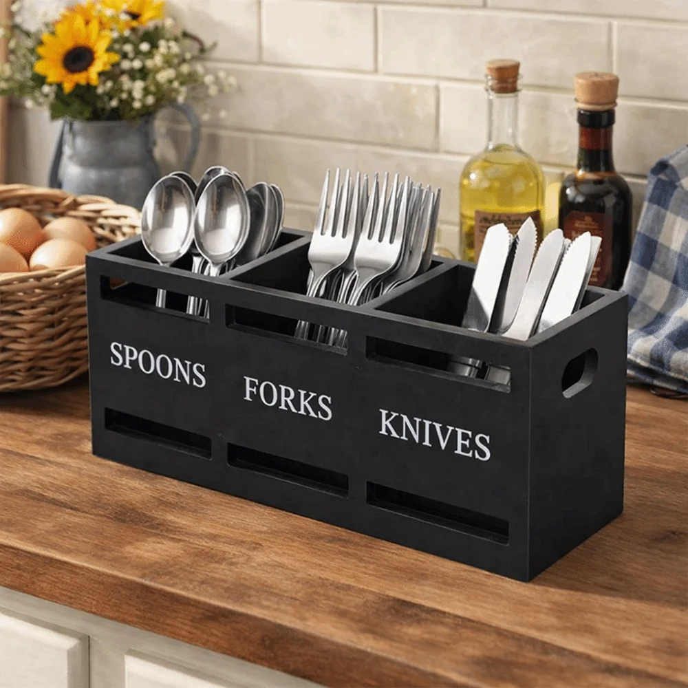 3 Compartment Wooden Rustic Cutlery Rack Rectangular Vintage Kitchen Utensil Holder With Hollow Handles Cutlery Storage Rack