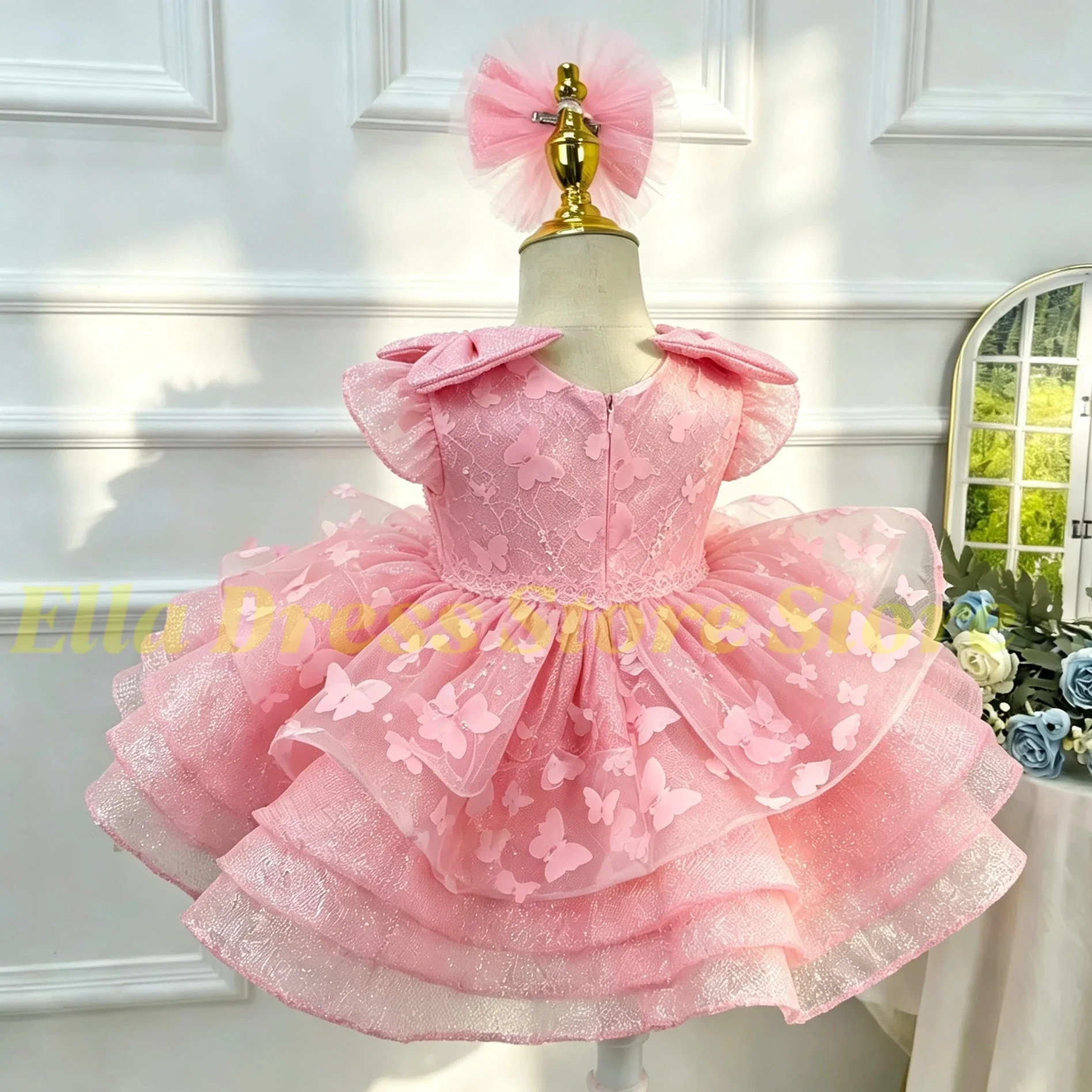 Maßgeschneidertes Großhandels-Blumenmädchenkleid für Hochzeiten, Applikationen, Schleife, ärmellos, hohe Taille, knielang, Geburtstags- und Erstkommunionkleid – Detail 1