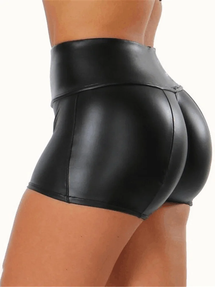 Sexy Shorts Slim Elastic High Waist Nightclub Skinny New Shiny PU Leather Hot Dance Clubwear Ladies Mini Bottom Black Solid