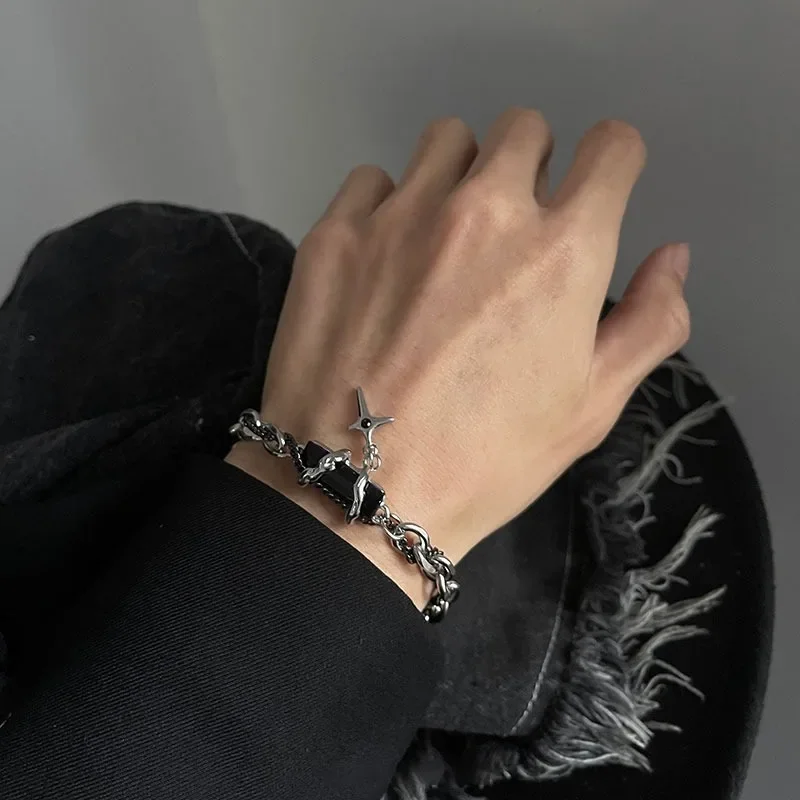 2024 Retro Black Zircon Star Bracelet for Women Men Gifts Trend Titanium Steel Chain Unisex Goth Jewelry New Couple Accessories