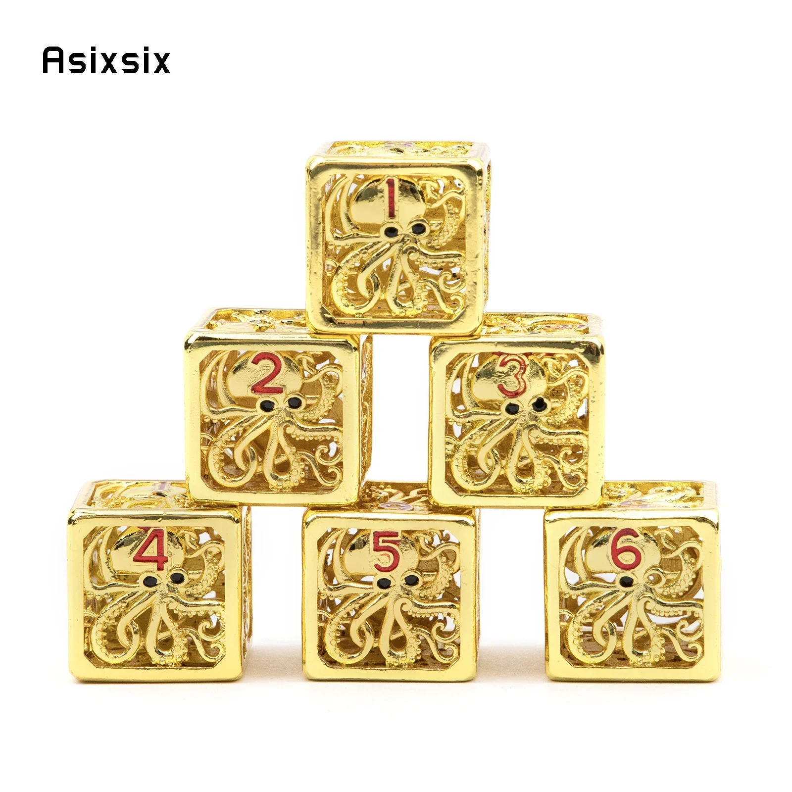 

6 Pcs Golden Squid Metal Dice Hollow Metal Polyhedral Dice Set Suitable for Role-Playing RPG Board Game Gift