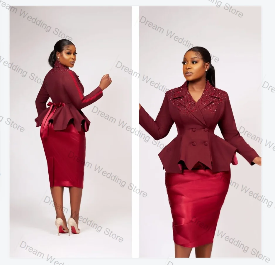 

Burgundy Red Women Suit Skirt Set 2 Pcs Blazer Prom Dress Luxury Crystals Formal Office Lady Jacket Customized Wedding Prom Coat