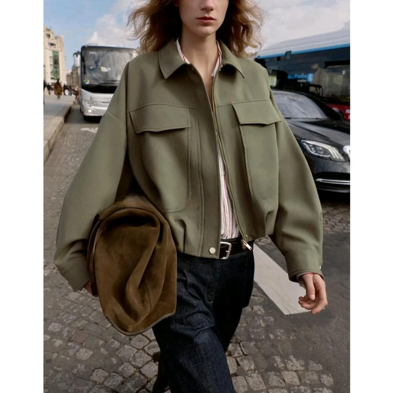 Otoño Invierno nuevas mujeres Casual Sle Long Sve dobladillo plisado piloto Jaet abrigo suelto ajuste ort longitud botón cierre Polyes...