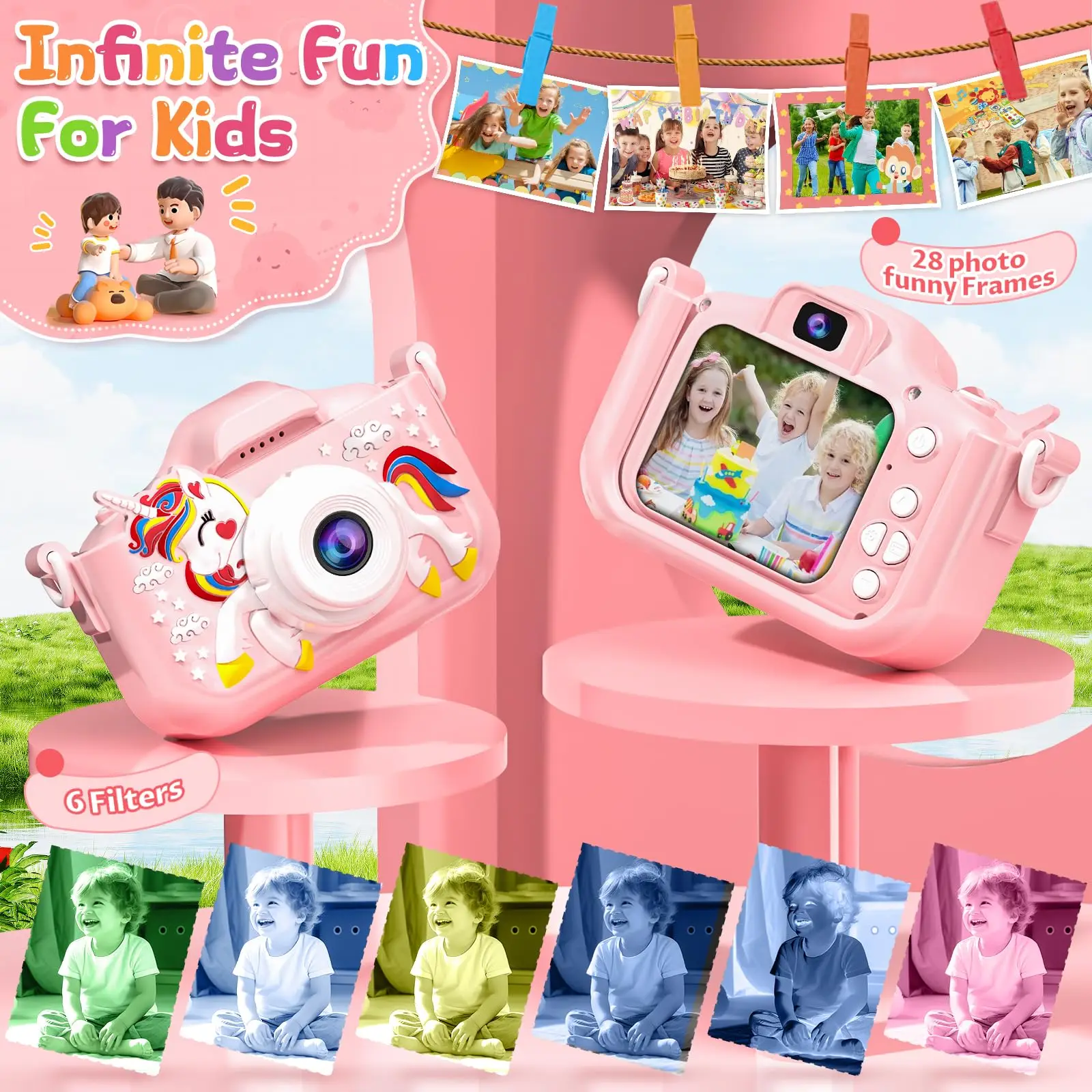 Caméra pour enfants, double caméra avant et arrière HD 48MP 1080p, cinq jeux éducatifs, cadeau de noël, d'halloween et d'anniversaire Top Choi