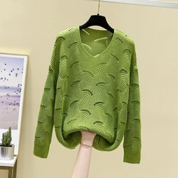 2024 Casual Elegant Sweet Autumn Winter V-neck Hollow Out Top Women's Sweater Solid All-matching Pullover Knitwear Korean New