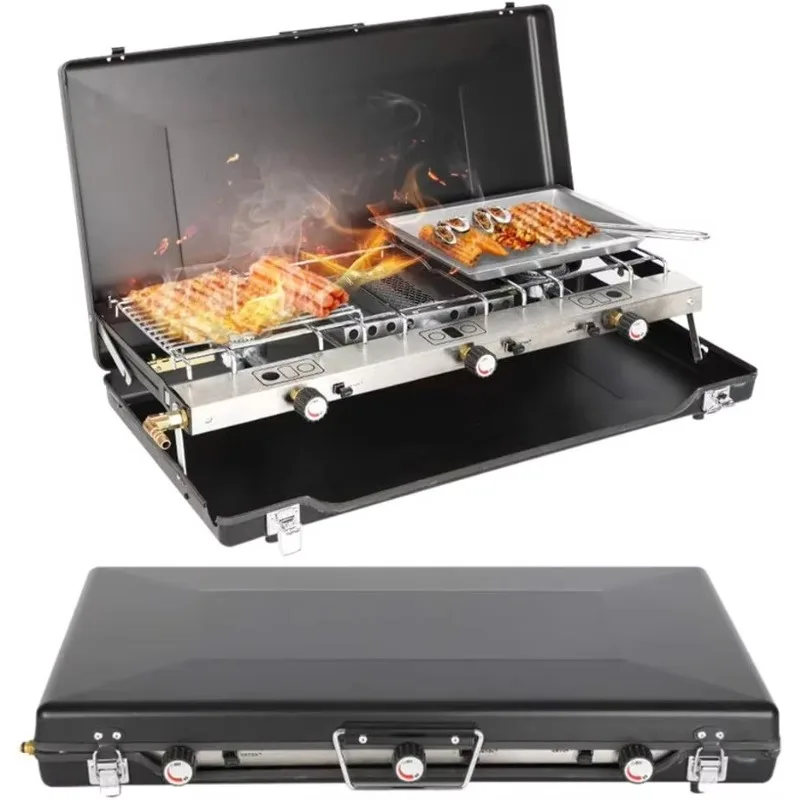 2-Burner Propane Camping Stove Portable Camping Grill/Stove With Adjustable Burners Wind Guards Heavy-Duty Latch & Handle