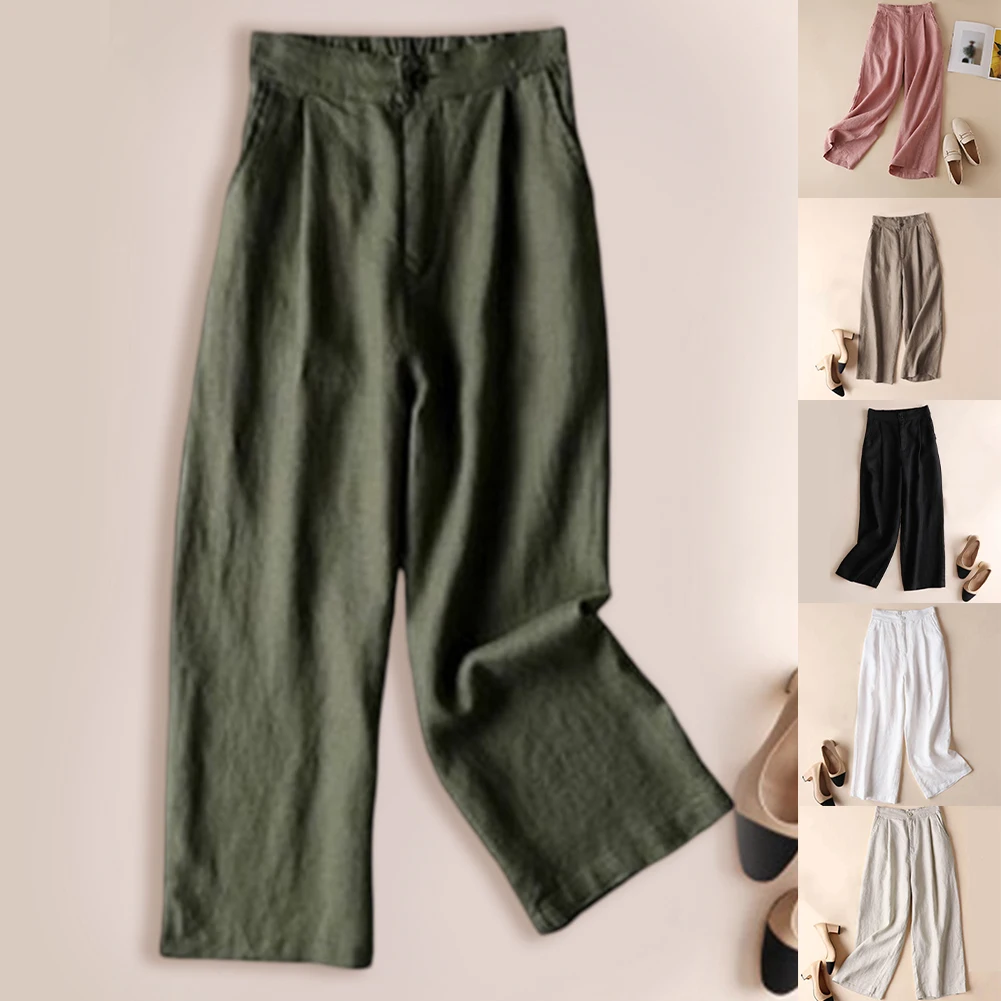 Spring Summer Cotton Linen Wide Leg Pants Loose Solid Color Comfortable Casual Quick Dry Breathable Everyday All-match Trousers