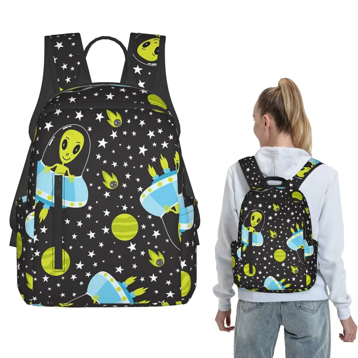 

Green Alien UFO And Moon Pattern Backpack Daypack Children BookBag School Bag Shoulder Bags for Men Women