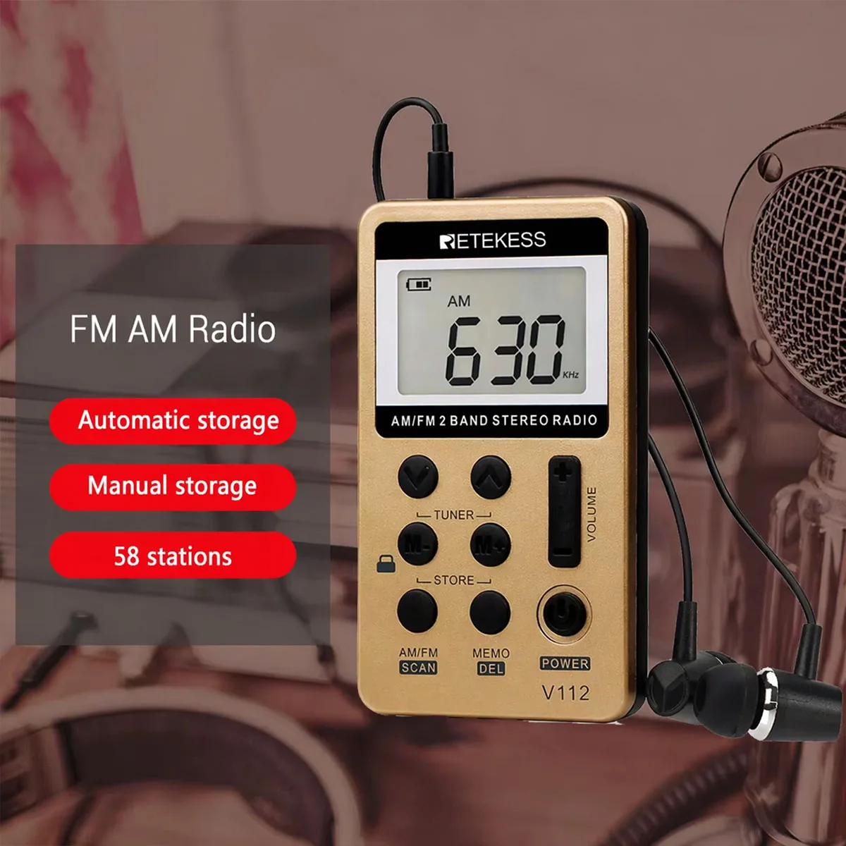 Retekess V112 Radio Mini Pocket Radio Receiver Portable Radios AM FM Rechargeble Sleep Time Earphone For Walkman Go Hiking