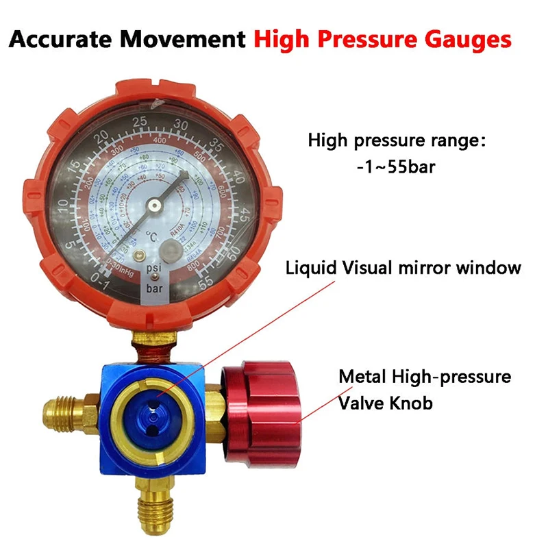 Air Condition Gauge For R410A R22 R134a R404A Valve 500psi/800psi Refrigerants Manifold Gauge Manometer with Visual Mirror
