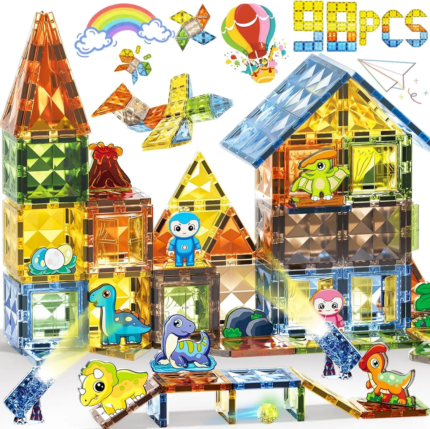 

98PCS Magnetic Building Sets - Magnetic Tiles with Lights for Preschoolers Ideal Construction Set for Building Learning Activiti
