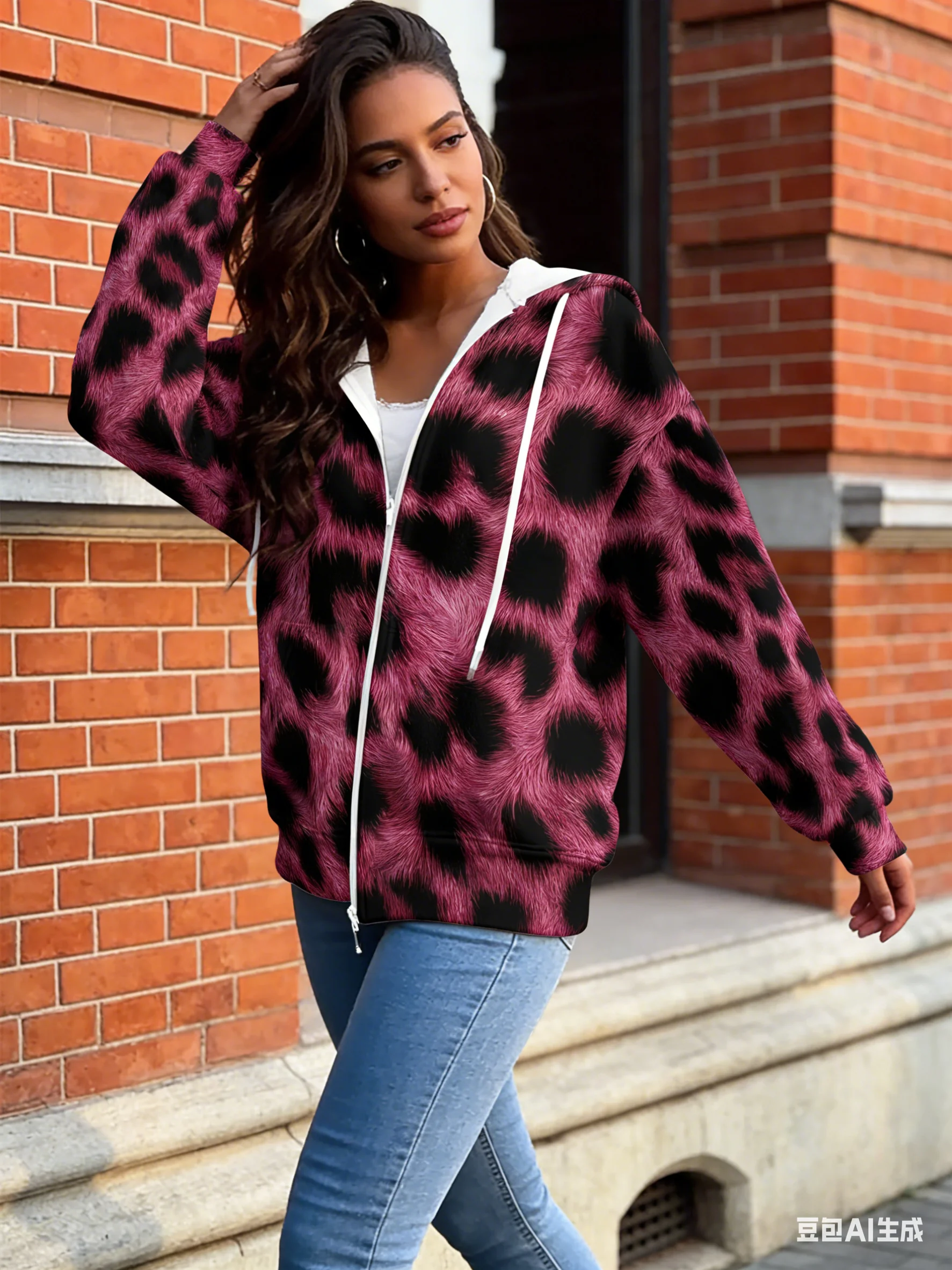 Розово-черный свитшот с леопардовым принтом и 3D-принтом на молнии с капюшоном