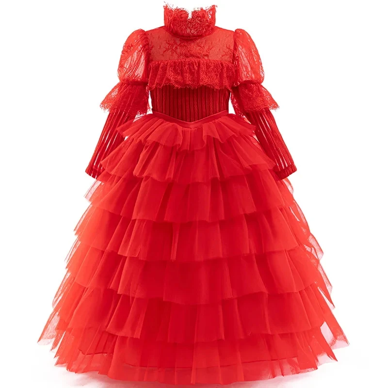 2026 Halloween Girl Dress Up Elegant Special Ball Evening Dress Long Sleeve Red Horror Girl Dress