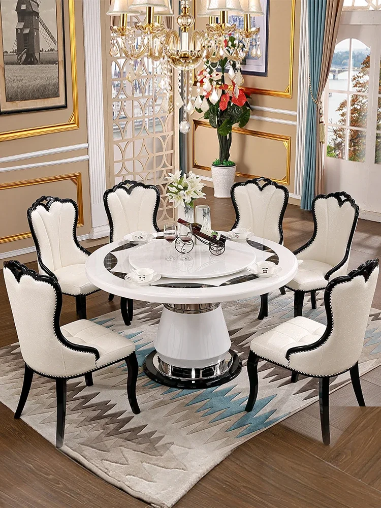 European marble round dining table and chair combination of black and white simple modern light luxury with turntable table