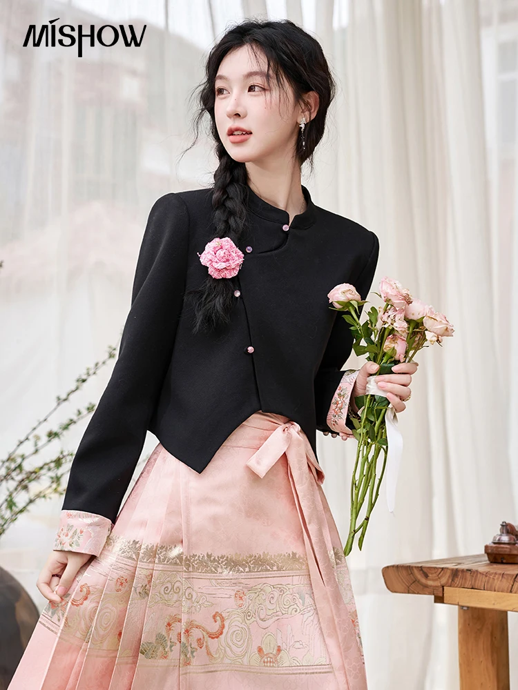 MISHOW Chinese Shirt Retro Horse Face Skirt Separately Spring 2024 High-end Balck Top Elegant Pleated A-line Skirt MXD13W0350