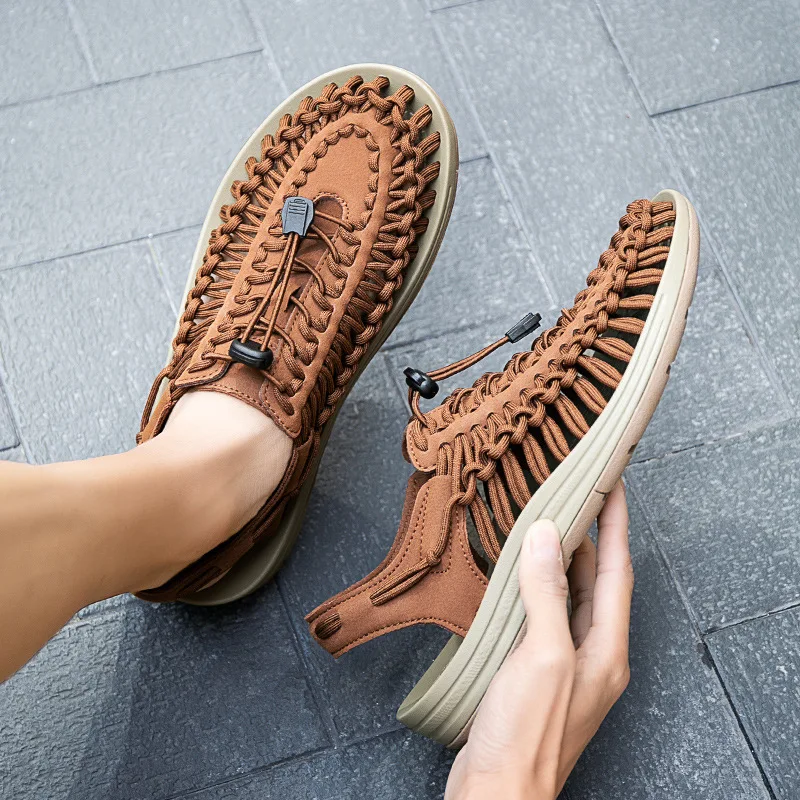Fashion Men Sandals Genuine Leather Men Casual Shoes Weaving Design Beach Sandals Outdoor Couples Walking Shoes Water Shoes 2025
