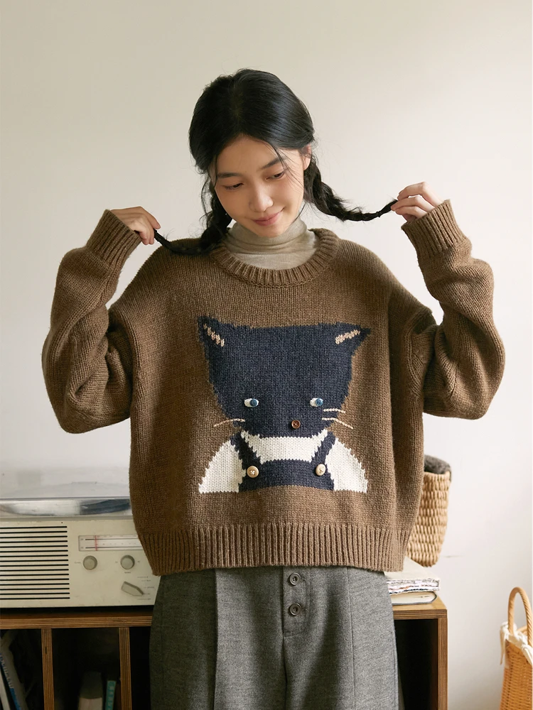 

Свободный крой, шерстяной вязаный свитер с вышивкой на голову, винтажный милый длинный свек, круглый топ с одной пуговицей