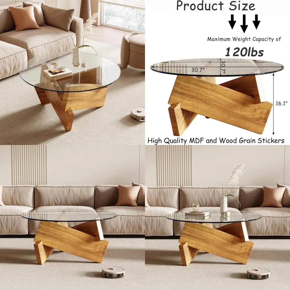 

Современный круглый стеклянный журнальный столик — 30,7 x 30,7 x 16,1, отделка из натурального дерева для гостиных