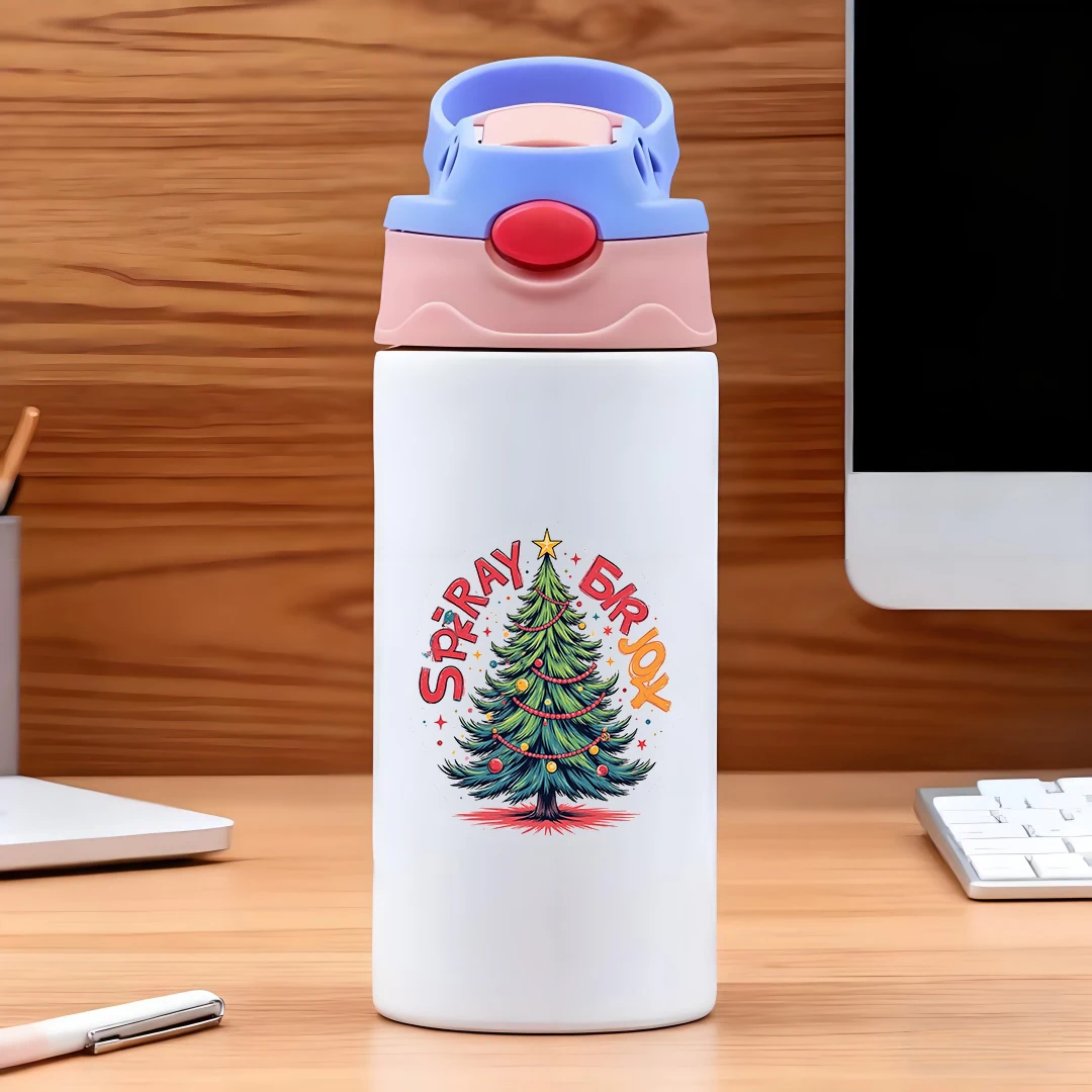 Tasse isolée en acier inoxydable 304 + autocollant d'arbre de noël de dessin animé, tasse en paille, tasse d'eau créative pour enfants, coffret cadeau de noël