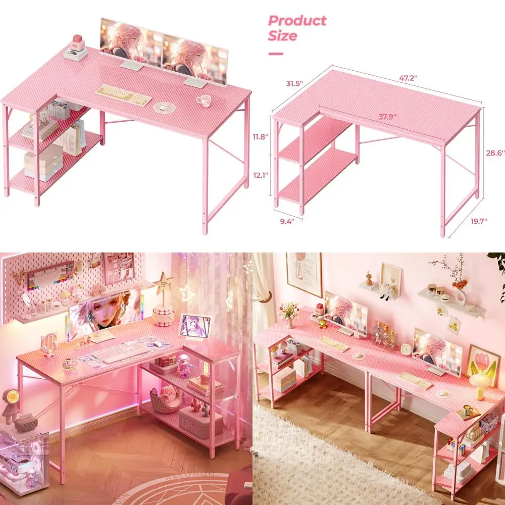

Large L-Shaped Gaming and Home Office Desk, 47-Inch Corner Desk with Reversible Storage Shelves, Writing Desk for Comfortable Wo
