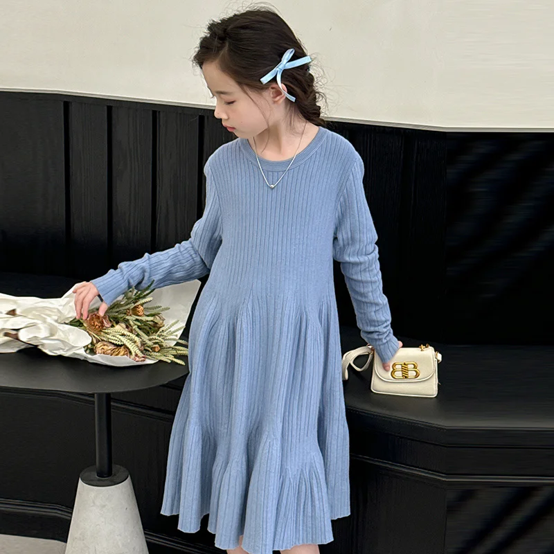 Fancy Girls Sweater Dress Kids Fashion Knitted Trumpet Dress For Girls Children Autumn Clothing For Age 5 6 7 8 9 10 11 12 13 14