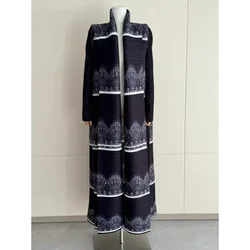 Miyake Pleated Women's Jacket Black Lace Printed Full Sleeve Folded Neck Loose Medium Long Robe Ethnic Abaya Women Coat