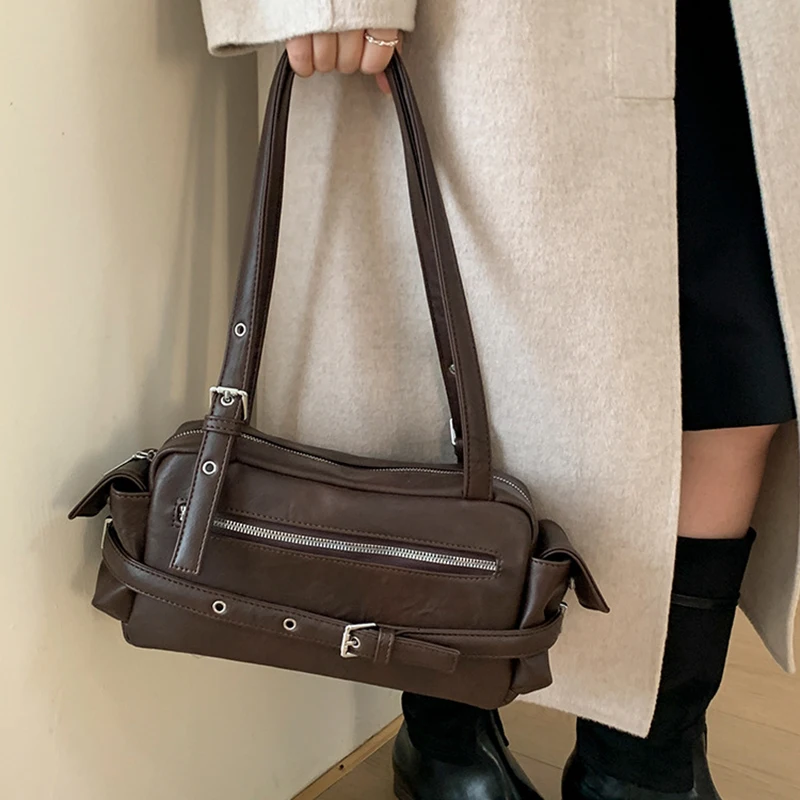 

Punk Motorcycle Ladies Handbags High Street Vintage Maillard Underarm Shoulder Bags for Woman Retro PU Leather Bolsas Femininas