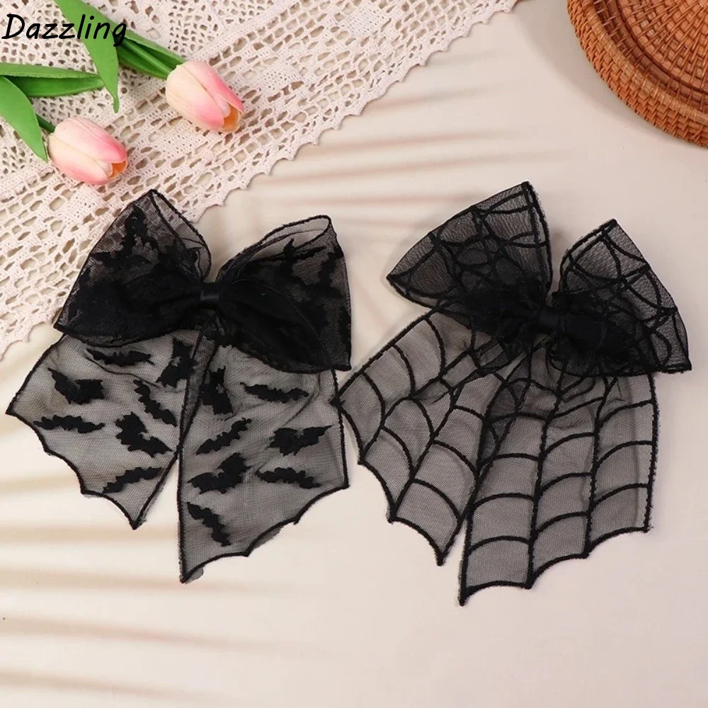 Fashion Star Spider Web Hair Clip Lace Gothic Bat Head Veil Spring Clip Black Halloween Hairpin Masquerades